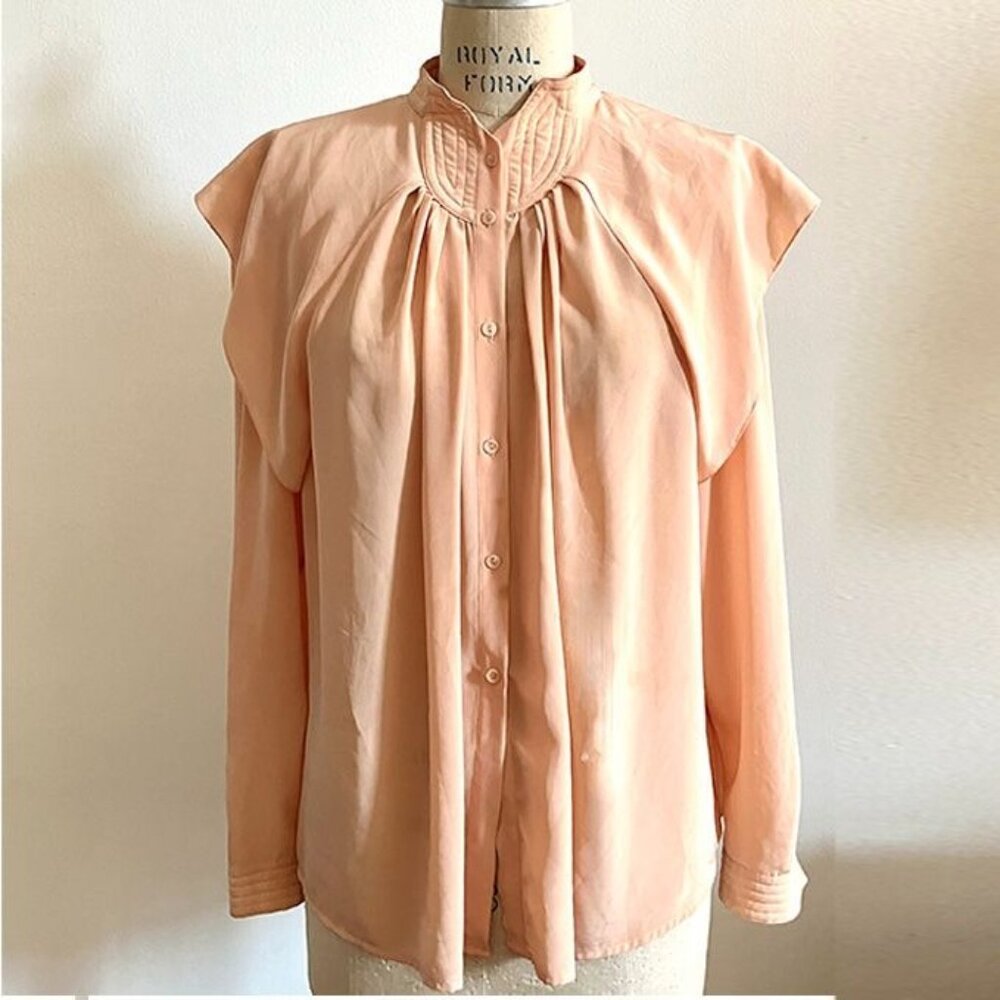 Unique vintage 80s blush crepe de chine capelet blouse, trapunto stitching, L